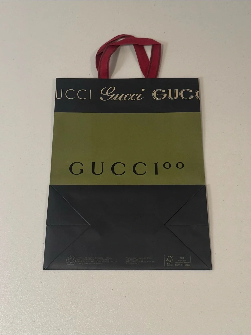 Gucci 100 Shopping Bag Olive & Black Gift Bag with Red Ribbon Handles